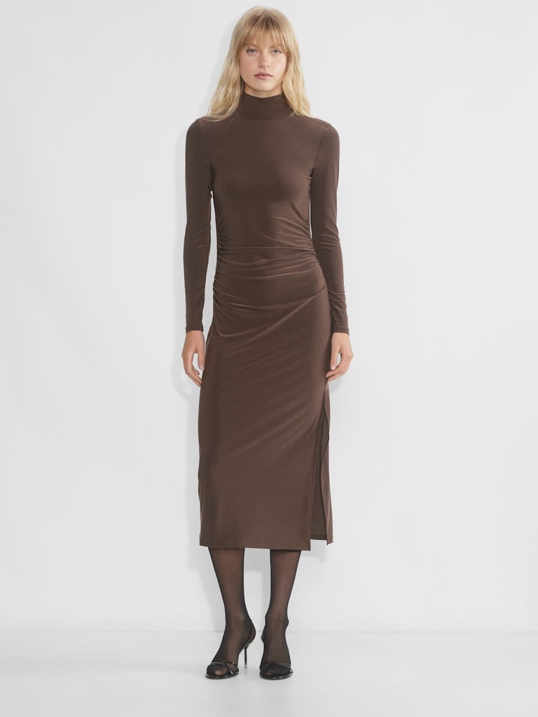 Nwt Aritzia Wilfred Remedy Rich Mocha Brown Mock Neck Long Sleeve Midi Dress